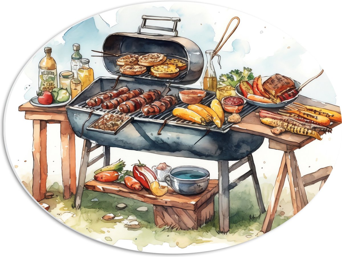 PVC Schuimplaat Ovaal - Tekening met Barbecue met Eten - 56x42 cm Foto op Ovaal (Met Ophangsysteem)