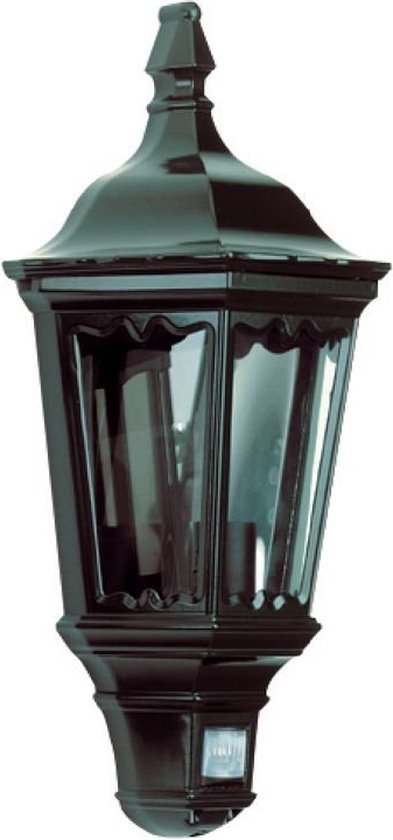 Zwarte klassieke wandlamp met glas en bewegingssensor.