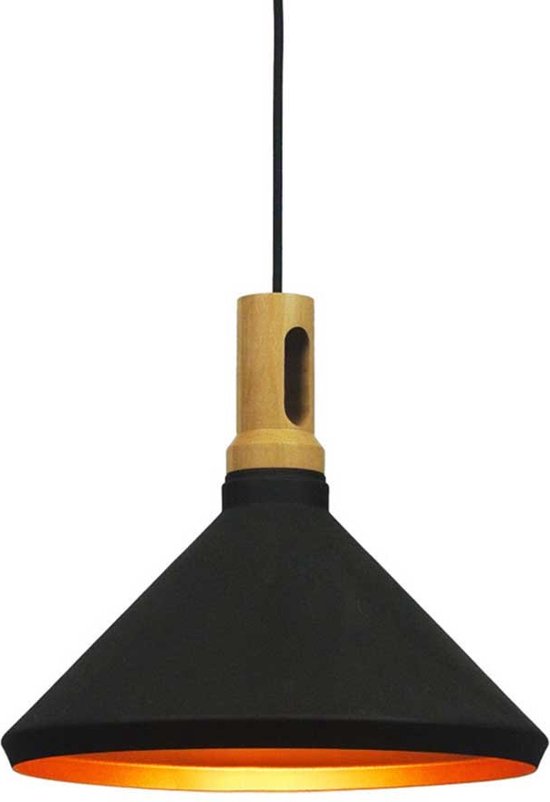 Strakke hanglamp Cornet Ø 41cm zwart met hout - HL 1999 ZW