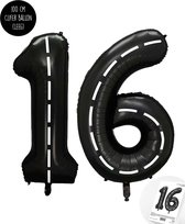 Cijfer Helium Folie Ballon XXL - 16 jaar cijfer - Zwart - Wit - Race Thema - Formule1 - 100 cm - Snoes