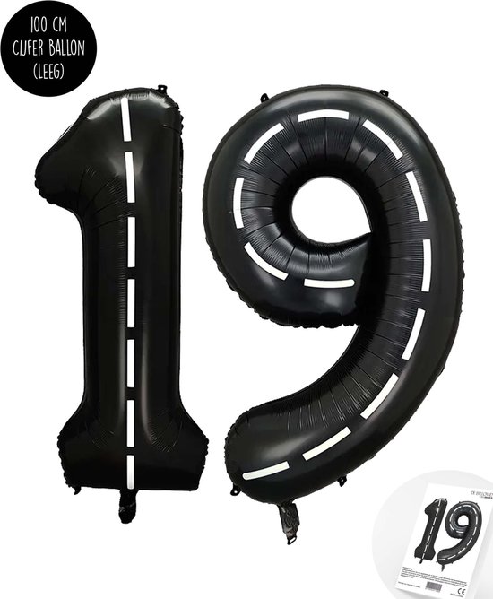 Cijfer Helium Folie Ballon XXL - 19 jaar cijfer - Zwart - Wit - Race Thema - Formule1 - 100 cm - Snoes