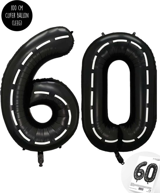 Cijfer Helium Folie Ballon XXL - 60 jaar cijfer - Zwart - Wit - Race Thema - Formule1 - 100 cm - Snoes