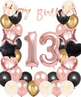 Snoes Ballonnen 13 Jaar Set Mega Rose Black Zwart Ballonen set - Compleet Feestpakket Cijferballon 13 Jaar - Verjaardag Versiering Slinger Happy Birthday – Folieballon – Latex Ballonnen - Helium Ballonnen