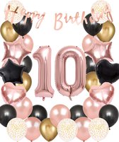 Snoes Ballonnen 10 Jaar Set Rose Black Zwart Ballonen set - Compleet Feestpakket Cijferballon 10 Jaar - Verjaardag Versiering Slinger Happy Birthday – Folieballon – Latex Ballonnen - Helium Ballonnen