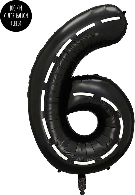 Cijfer Helium Folie Ballon XXL - 6 jaar cijfer - Zwart - Wit - Race Thema - Formule1- 100 cm - Snoes