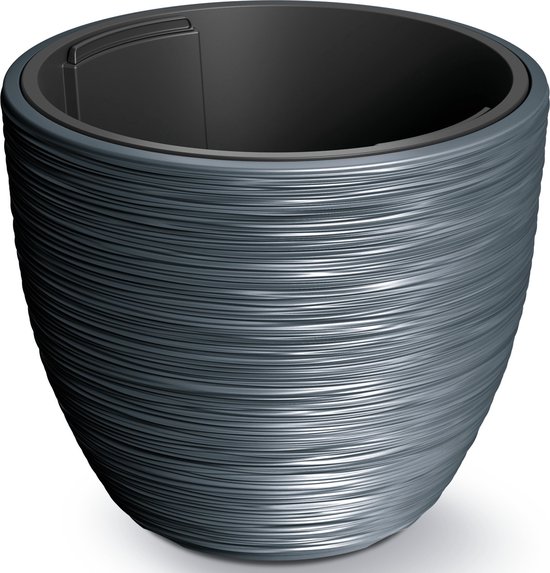 Prosperplast Plantenpot/bloempot Furu Stripes - buiten/binnen - kunststof - antraciet - D30 x H30 cm - Met binnenpot