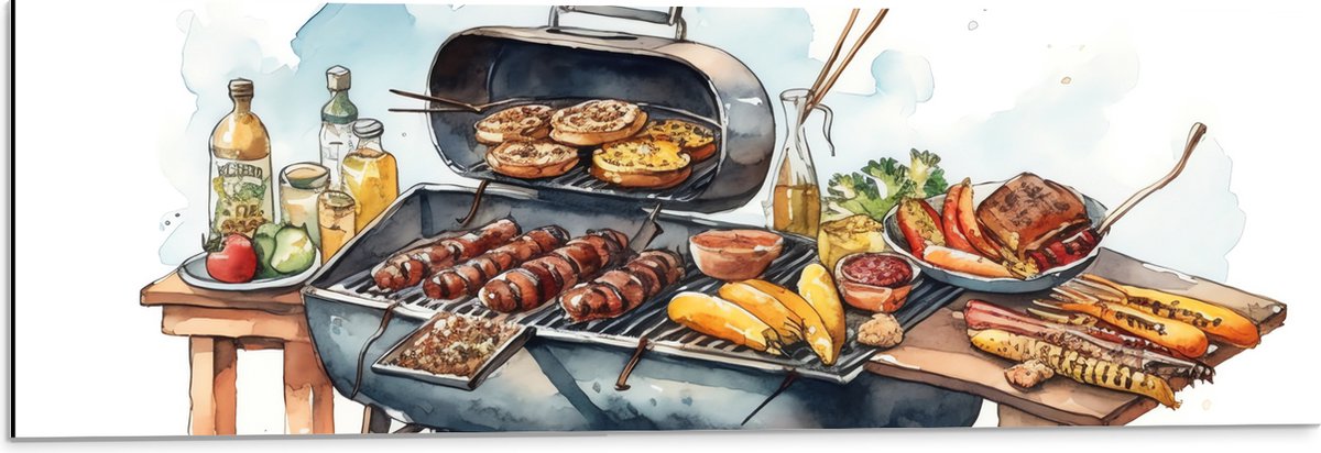 Dibond - Tekening met Barbecue met Eten - 90x30 cm Foto op Aluminium (Met Ophangsysteem)