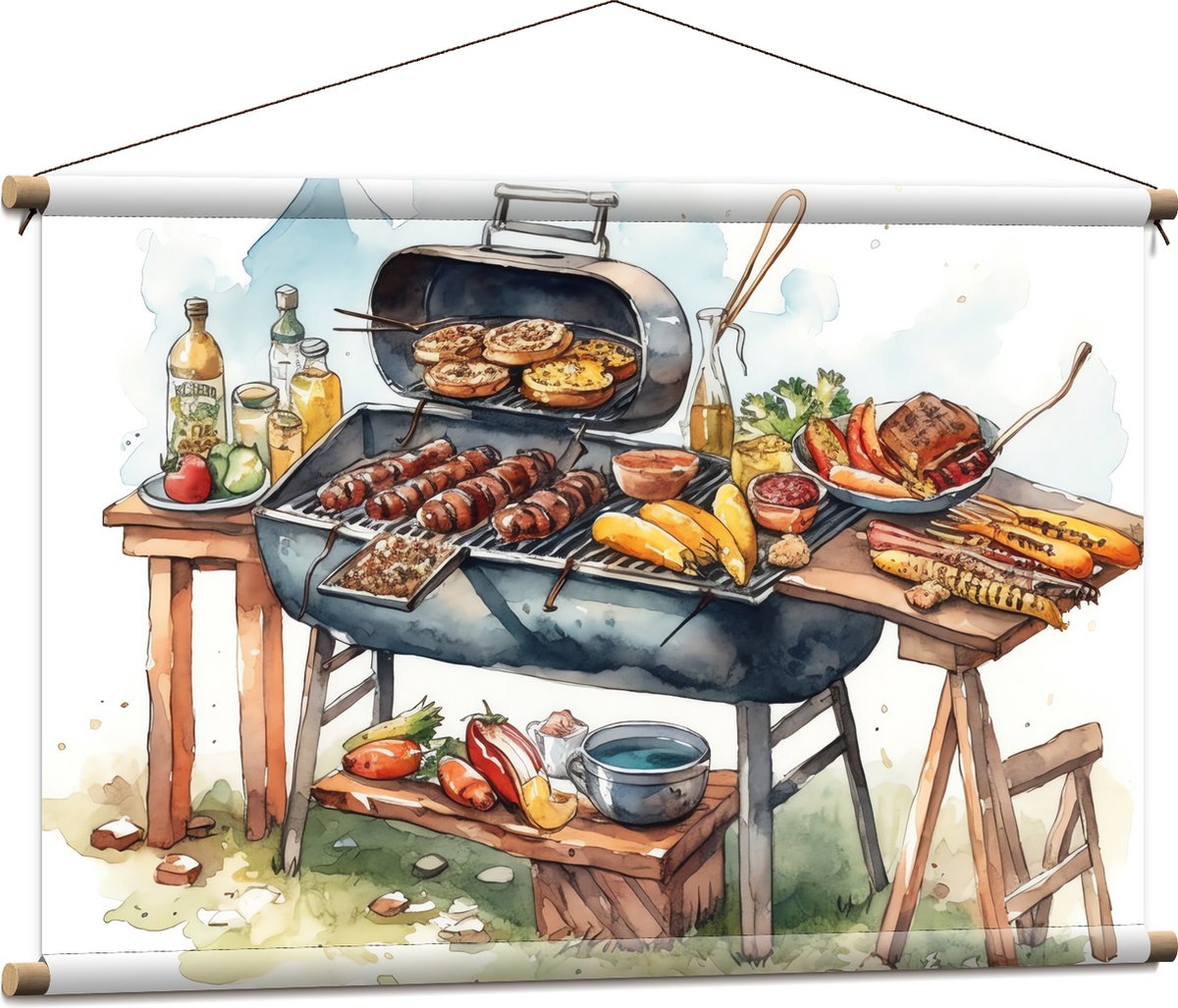 Textielposter - Tekening met Barbecue met Eten - 90x60 cm Foto op Textiel