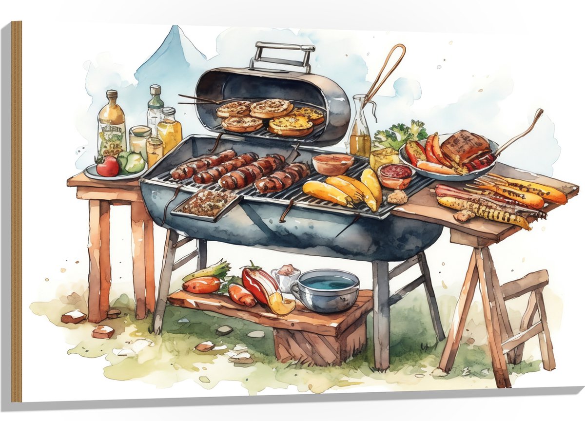 Hout - Tekening met Barbecue met Eten - 105x70 cm - 9 mm dik - Foto op Hout (Met Ophangsys