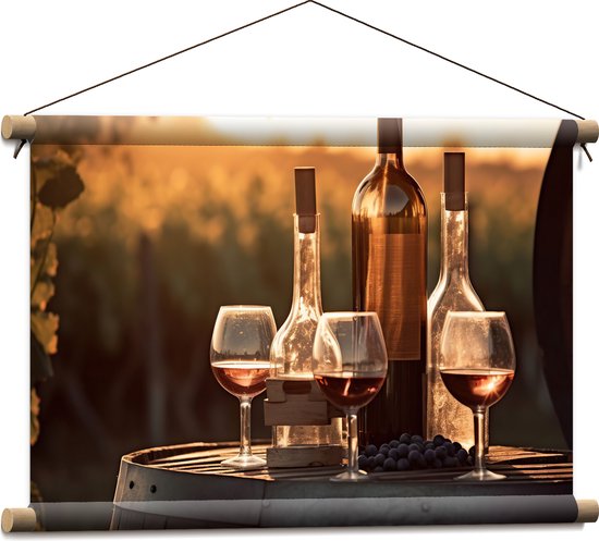 Textielposter - Wijnglazen en Flessen op Ton - 60x40 cm Foto op Textiel