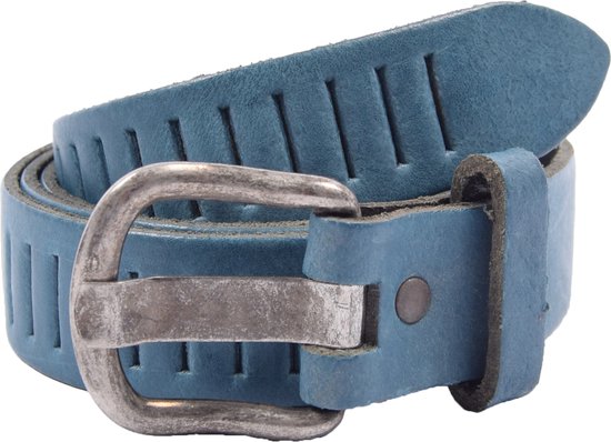 blauwe leren riem met gleufjes - 100% leer - Maat 105