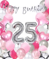 Snoes Ballonnen 25 Jaar Pink Blush Silver Mega Ballon - Compleet Feestpakket 25 Jaar - Verjaardag Versiering Slinger Happy Birthday – Folieballon – Latex Ballonnen - Helium Ballonnen - Zilver en Roze Verjaardag Decoratie
