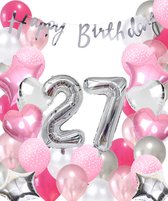 Snoes Ballonnen 27 Jaar Pink Blush Silver Mega Ballon - Compleet Feestpakket 27 Jaar - Verjaardag Versiering Slinger Happy Birthday – Folieballon – Latex Ballonnen - Helium Ballonnen - Zilver en Roze Verjaardag Decoratie