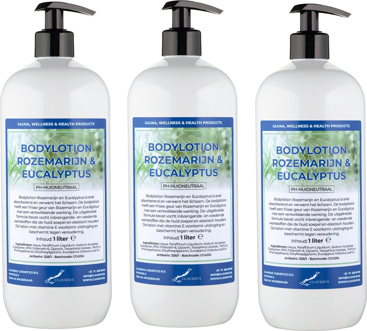 Bodylotion Rozemarijn & Eucalyptus 1 Liter - met gratis pomp - set van 3 stuks