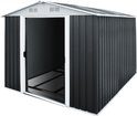 Donkergrijs metalen tuinhuis met witte kozijnen en een schuifdeur die openstaat, toont de binnenkant met planken.