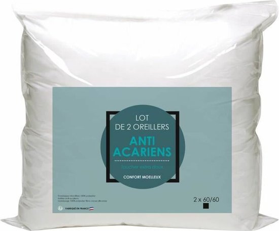 Set de 2 oreillers microfibre anti-acariens 60x60cm