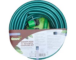 Grouw - Tuinslang 1/2" 15 m met koppelset - maximale druk 8 bar - inclusief 1 tap-adapter - 1 aansluiting zonder stop en 1 sproeistuk.