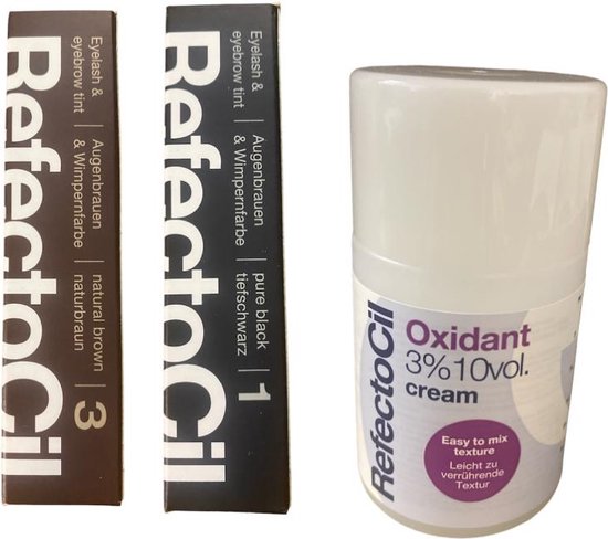 RefectoCil oxidant crème 3% 10 vol. en doosjes RefectoCil wimper- en wenkbrauwverf nr. 1 pure black en nr. 3 natural brown.