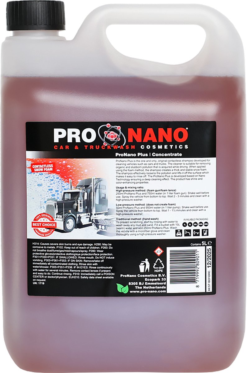 ProNano | Pro Nano Plus 5L | Auto Shampoo | Concentraat | CONTACTLOOS WASSEN! | Snow Foam | NANO TECHNOLOGIE krasvrije reiniging van verschillende voertuigen: auto's, pick-ups, bestelwagens, vrachtwagens, aanhangwagens, boten, enz.