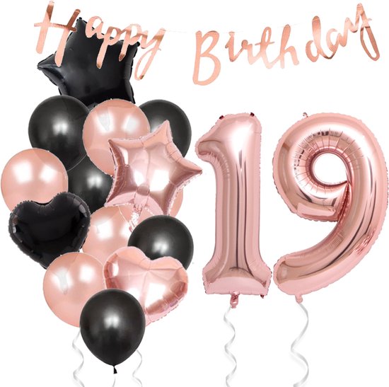 Snoes Ballonnen 19 Jaar Feestpakket – Versiering – Verjaardag Set Liva Rose Cijferballon 19 Jaar - Heliumballon