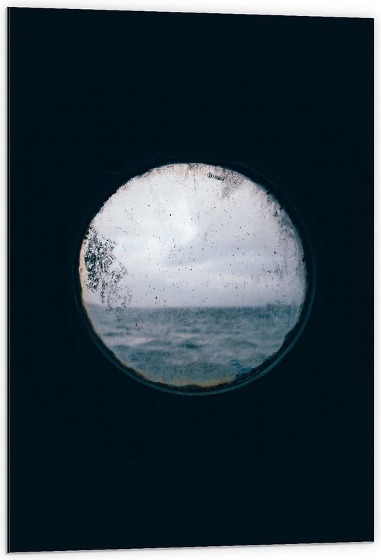 Dibond - Boot - Zee - Oceaan - Raampje - Uitzicht - Rond - Vies - 60x90 cm Foto op Aluminium (Wanddecoratie van metaal)