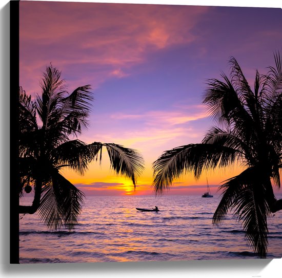Canvas - Silhouet van Palmbomen Hangend boven het Strand op Zomerse Avond - 60x60 cm Foto op Canvas Schilderij (Wanddecoratie op Canvas)