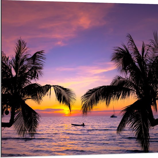 Dibond - Silhouet van Palmbomen Hangend boven het Strand op Zomerse Avond - 80x80 cm Foto op Aluminium (Met Ophangsysteem)