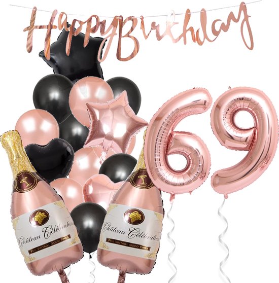 69 Jaar Verjaardag Cijferballon 69 - Feestpakket Snoes Ballonnen Pop The Bottles - Rose Zwart Versiering