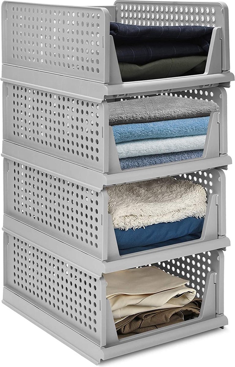 NETEL Opbergdoos met deksel, groot, stapelbare opbergdozen, 32 l, 4 stuks, dikke hardplastic doos, doorzichtige stapelboxen met deksel, opvouwbare opbergdoos met deur en wielen