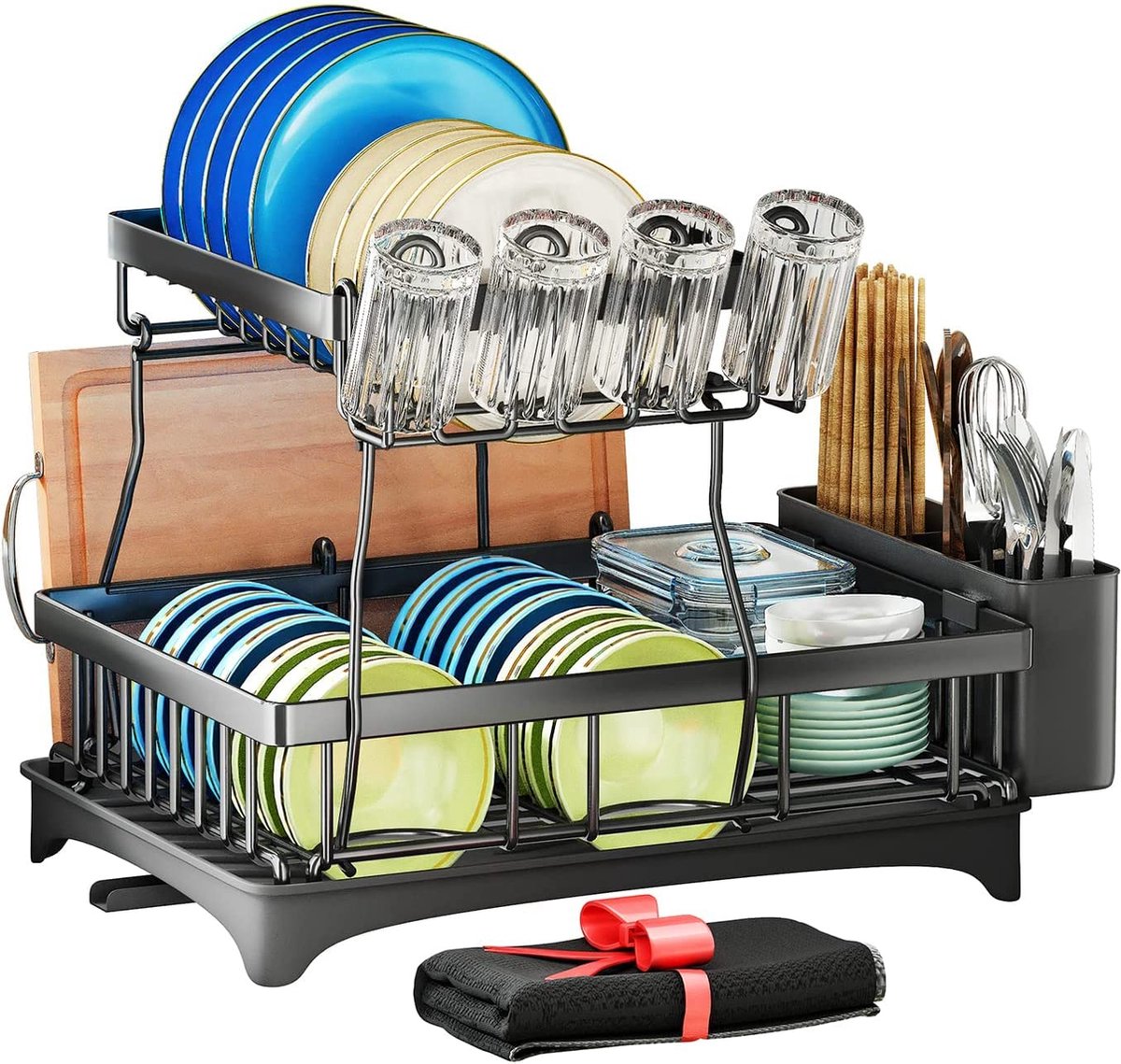 Goedkoopste Afdruiprek, afneembare 2-laags afdruiprek en afdruiprekset, afdruiprek met grote capaciteit en keukengereihouder, met extra droogmat, zwart