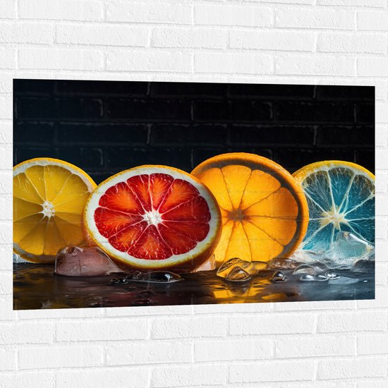 Muursticker - Schijven Fruit tegen Zwarte Achtergrond - 105x70 cm Foto op Muursticker