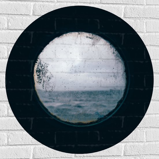 Muursticker Cirkel - Boot - Zee - Oceaan - Raampje - Uitzicht - Rond - Vies - 80x80 cm Foto op Muursticker