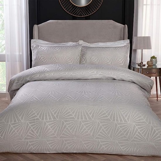 Super zachte geometrische luxe Lurex jacquard ivoor Deco Easy Care Cosy dekbedovertrek Quilt beddengoed set met kussenslopen - King (220cm x 230cm)