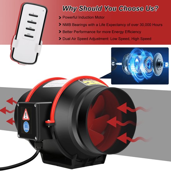 Vkechh Verstelbare buisventilator, 100 mm, 320 m³/u, stil, met afstandsbediening, EU-stekker voor badkamer, toilet, keuken, kas, tent, garage