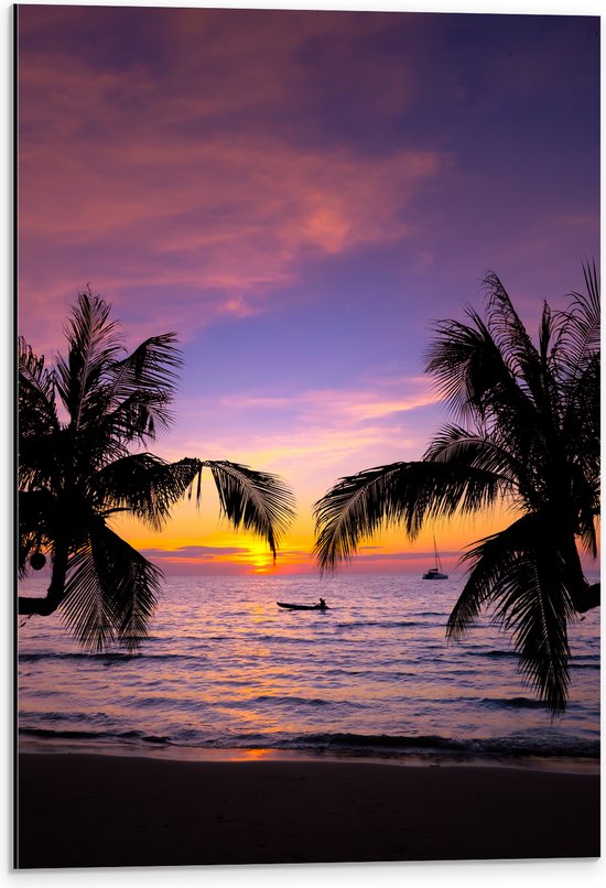 Dibond - Silhouet van Palmbomen Hangend boven het Strand op Zomerse Avond - 40x60 cm Foto op Aluminium (Wanddecoratie van metaal)