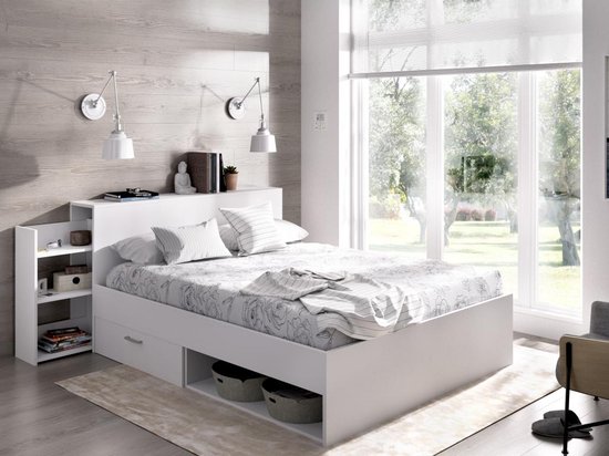 Bed met hoofdeinde bed, opbergruimte en lades - 140 x 190 cm - Kleur: Wit - FLORIAN L 223 cm x H 85 cm x D 146 cm