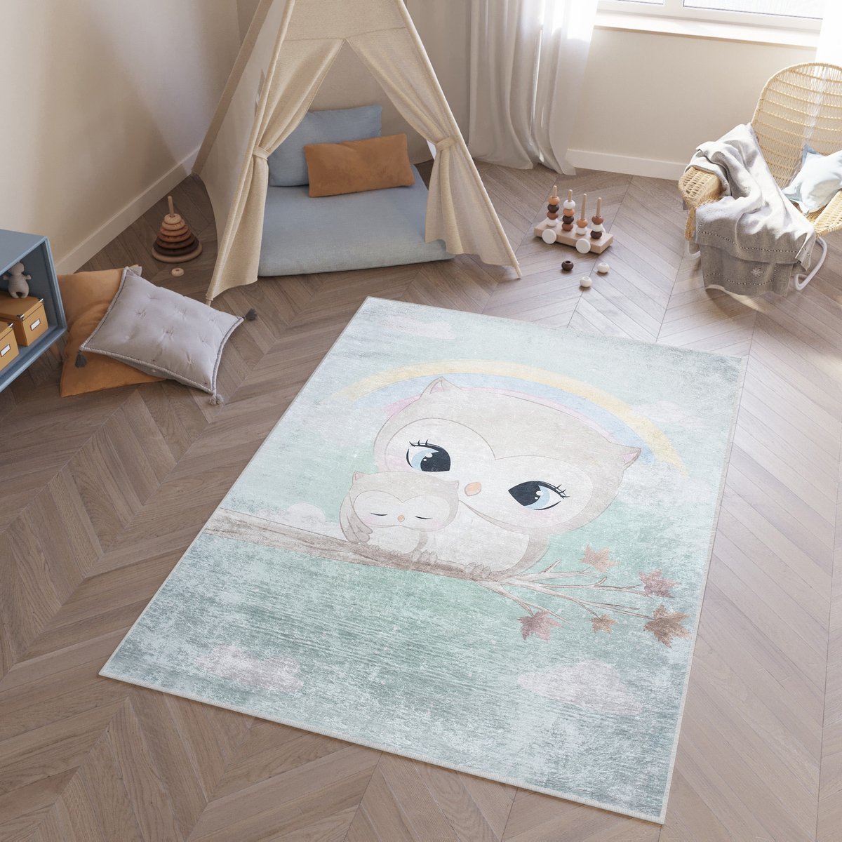 Tapiso Emma Vloerkleed Uil Blauw Kinderkamer Tapijt Maat- 140x200 Grijs 5