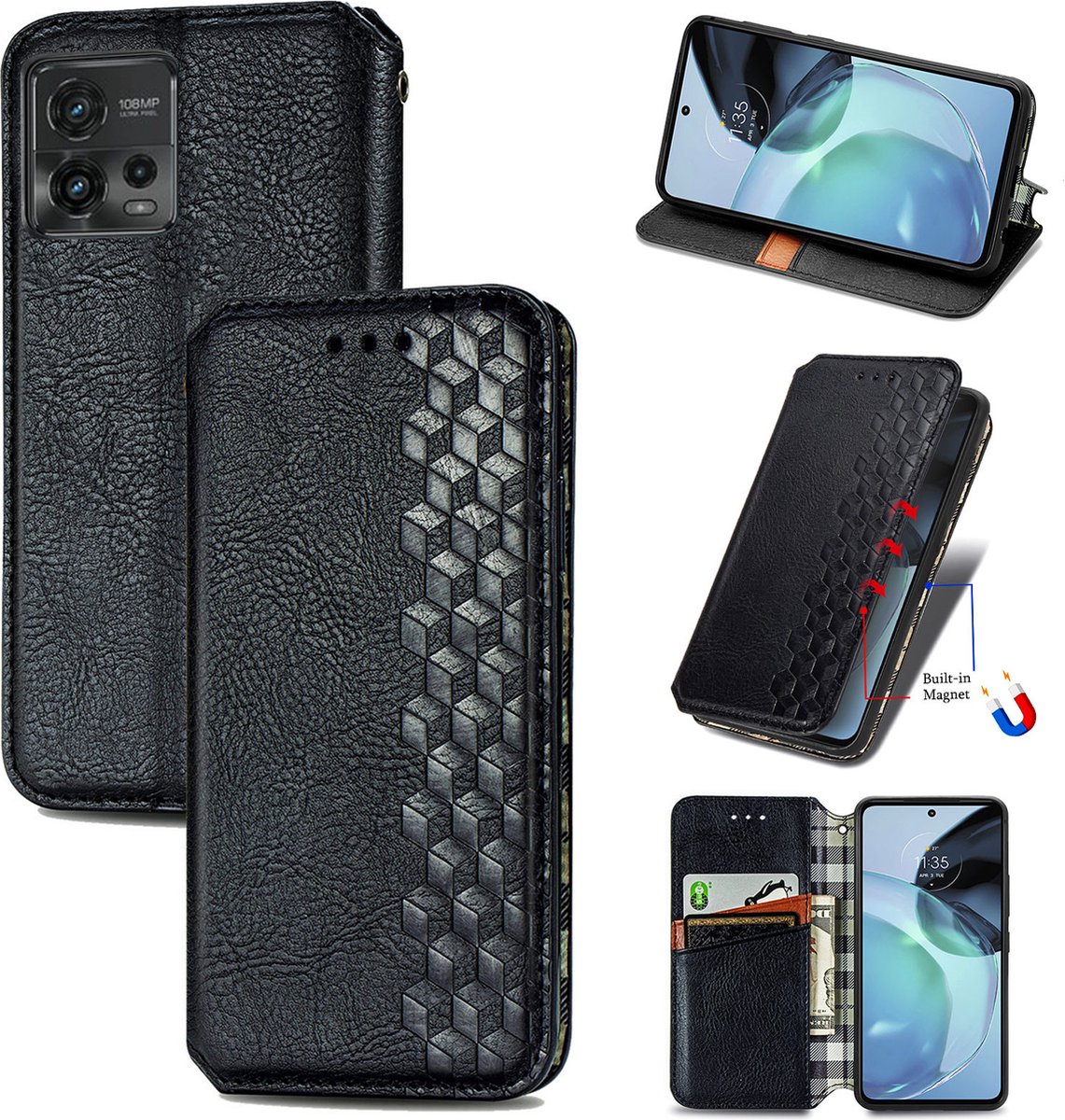 Luxe PU Lederen Ruitpatroon Wallet Case + Screenprotector voor Moto G72 _ Zwart