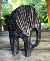 Houten olifant - beeld - 20cm | grijs/zwart/beige.