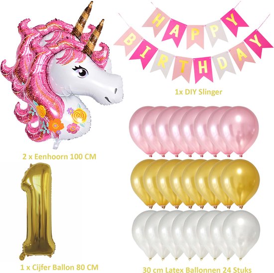 Set de Ballons Snoes Unicorn 1 an - Guirlande de décoration d'anniversaire - Ballon aluminium - Ballons à l'hélium
