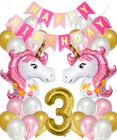 Snoes Ballonnen Set Unicorn 3 Jaar - Verjaardag Versiering Slinger - Folieballon - Helium Ballonnen