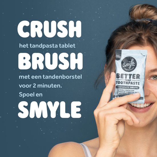 Smyle Tandpasta Tabletten met Fluoride - Overstappakket met 125 Tandpasta Tabs; Bamboe Tandenborstel en Reisblikje - 100% Natuurlijk & Plasticvrij - Zero Waste
