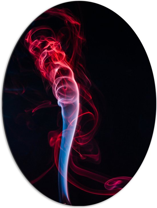 Dibond Ovaal - Rood met Blauwe Rookwolken tegen Zwarte Achtergrond - 72x96 cm Foto op Ovaal (Met Ophangsysteem)