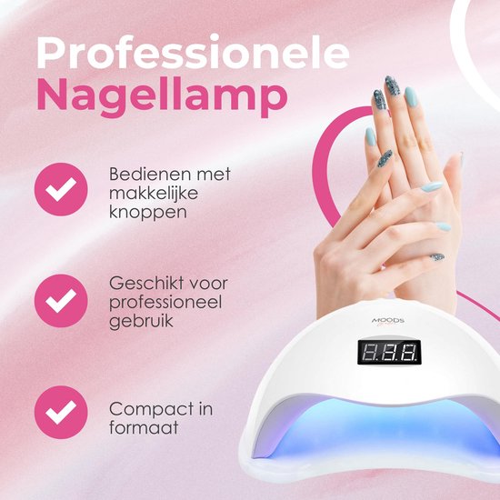 Witte UV nagellamp met blauw licht. Een hand met blauwe nagels wordt in de lamp geplaatst. Iconen: bedienen met knoppen, geschikt voor professioneel gebruik, compact.