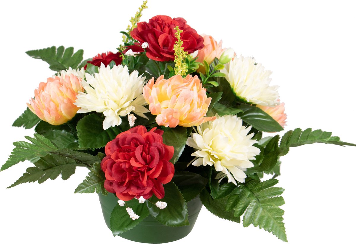 Louis Maes Kunstbloemen boeket crysanten in pot - kleurenmix - D30 x H24 cm - Bloemstuk - Bladgroen