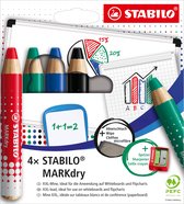 Whiteboard- en Flipover Marker - STABILO MARKdry - Etui Met 4 Stuks - Met Puntenslijper en Uitveegdoek - In 4 Verschillende Kleuren