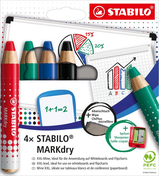 Foto: Whiteboard en flipover marker stabilo markdry etui met 4 stuks met puntenslijper en uitveegdoek in 4 verschillende kleuren