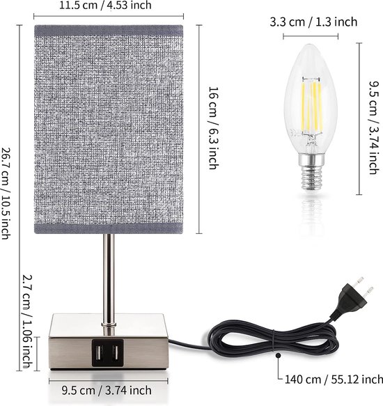 Veilleuse Touch dimmable, lampe de chevet, lot de 2 avec 2 ampoules, 2  connexions USB