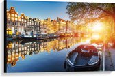 Canvas - Zonnestralen over de Grachten van Amsterdam Vol met Boten - 90x60 cm Foto op Canvas Schilderij (Wanddecoratie op Canvas)