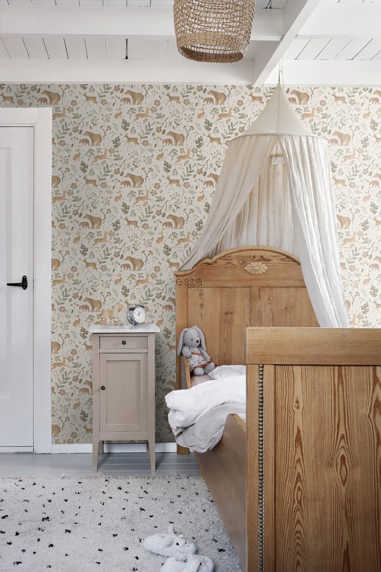 ESTAhome papier peint forêt avec animaux de la forêt blanc cassé et beige - 139525 - 53 cm x 10,05 m